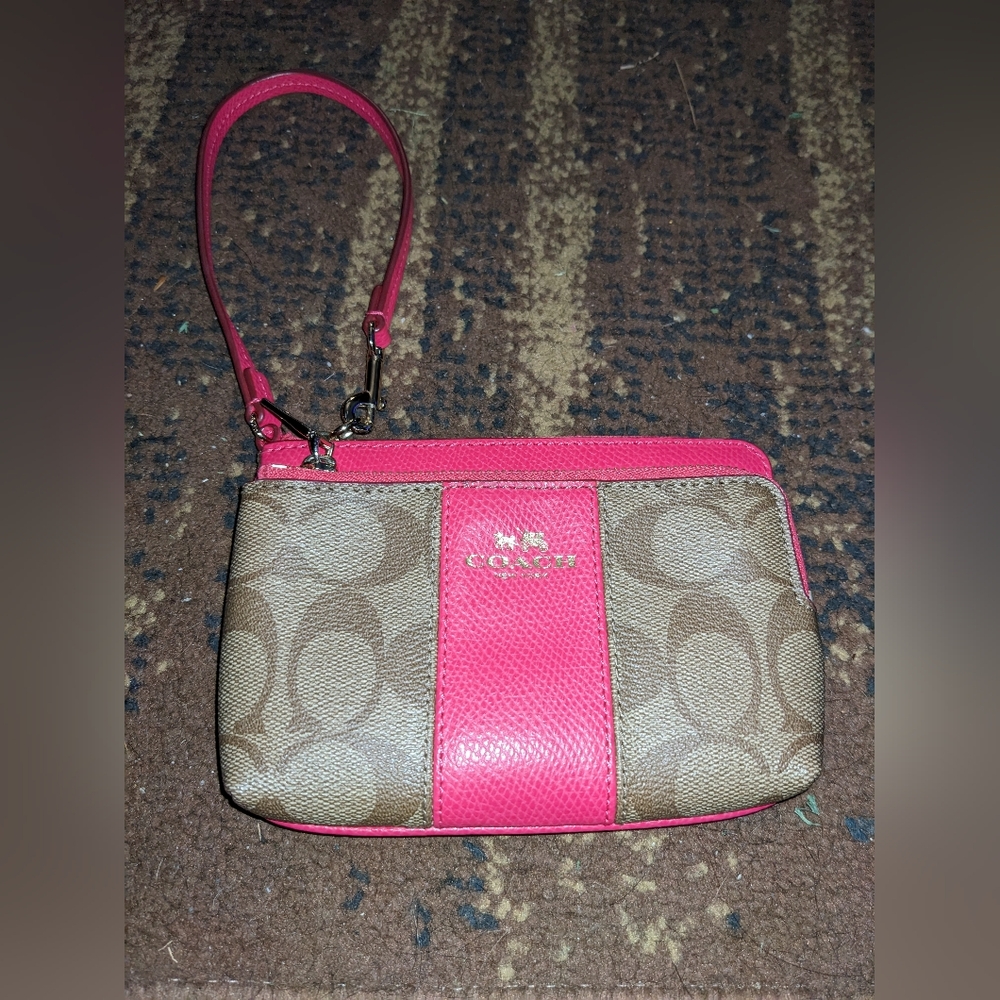 Coach Signature Wristlet Tan Canvas Pink Fuchsia Wallet